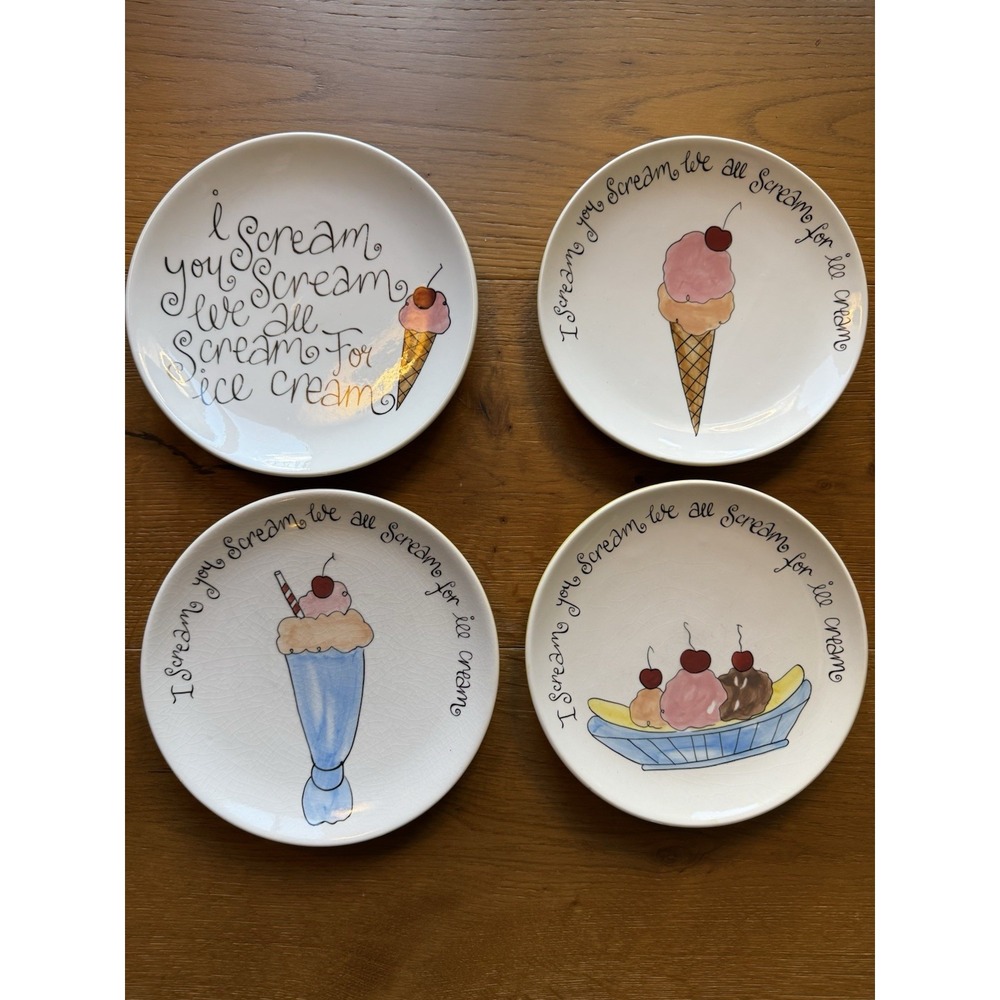 Pottery Barn Set Of 4 We Scream‎ For Ice Cream Dessert Plates W/ Napkin Rings